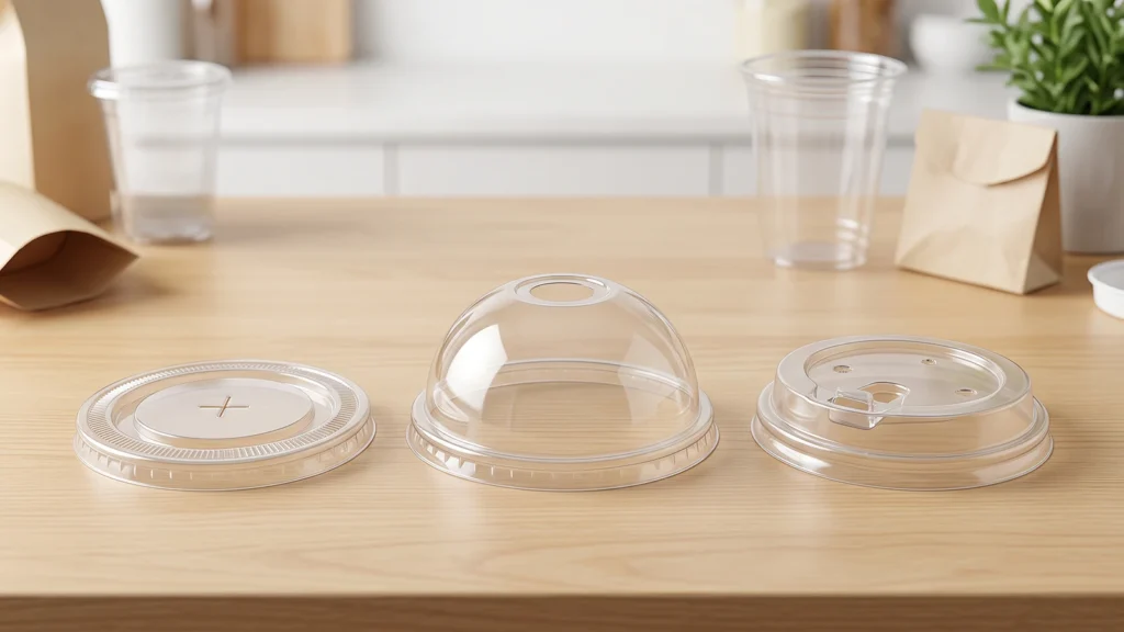 Three clear PET cup lids on a wooden desk: flat, dome, and sip lid.