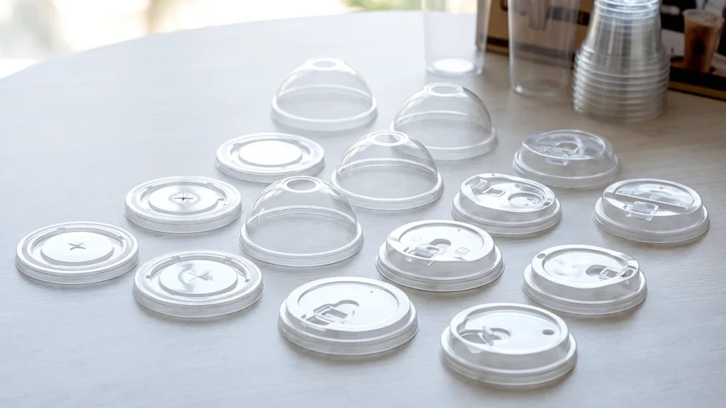 Different types of clear PET disposable cup lids including flat, dome, and sip-through lids on a white tabletop.