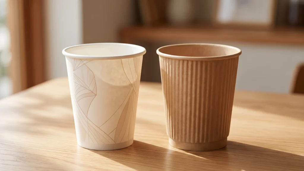 Comparison of a single-wall paper cup and a double-wall insulated paper cup on a wooden table.