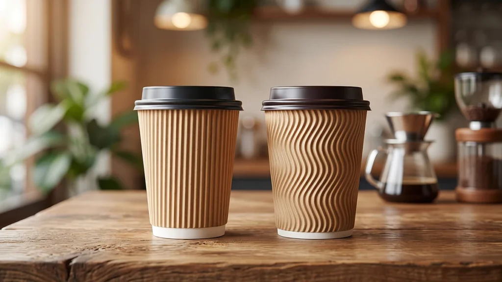 Straight fluted and s-shaped wave ripple wall paper coffee cups with black lids on a wooden cafe tabletop.