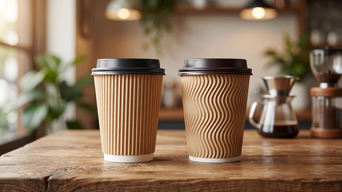Straight fluted and s-shaped wave ripple wall paper coffee cups with black lids on a wooden cafe tabletop.